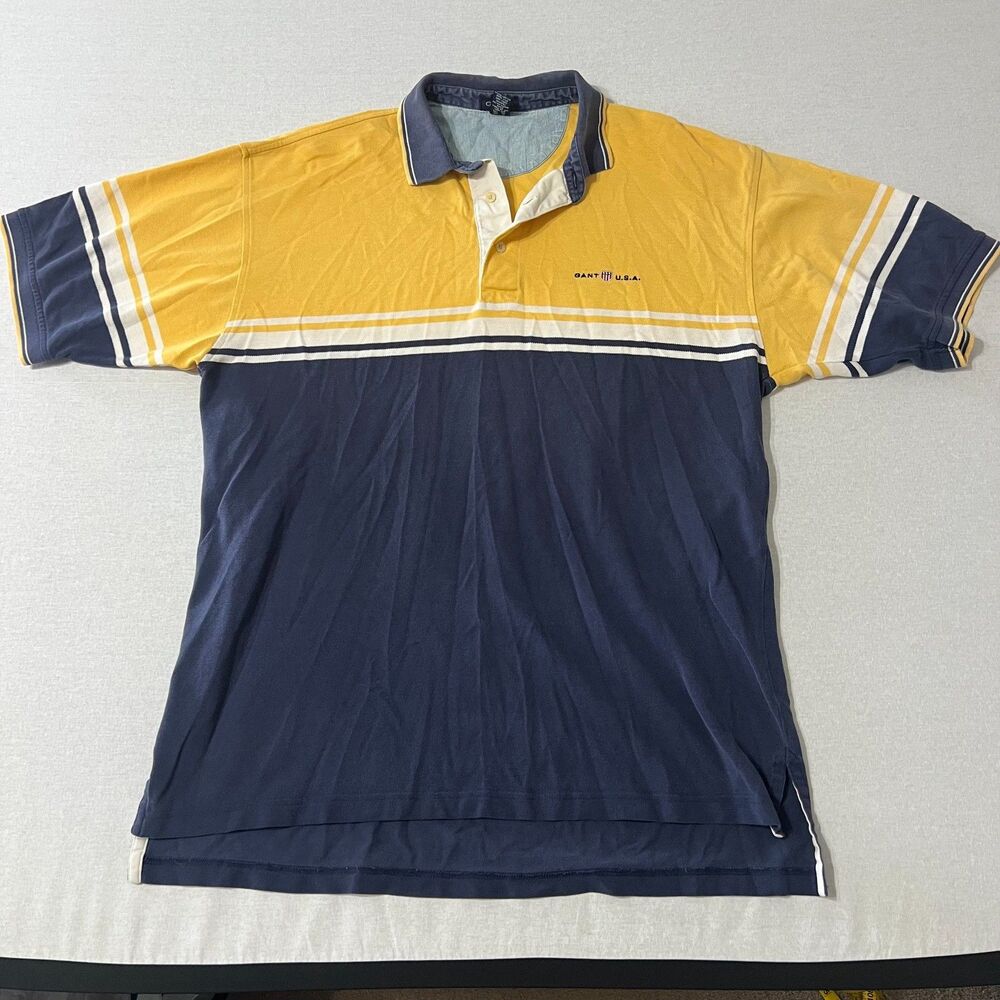 Vintage GANT USA Mens L Yellow Navy Colorblock Polo Shirt 100% Cotton Preppy